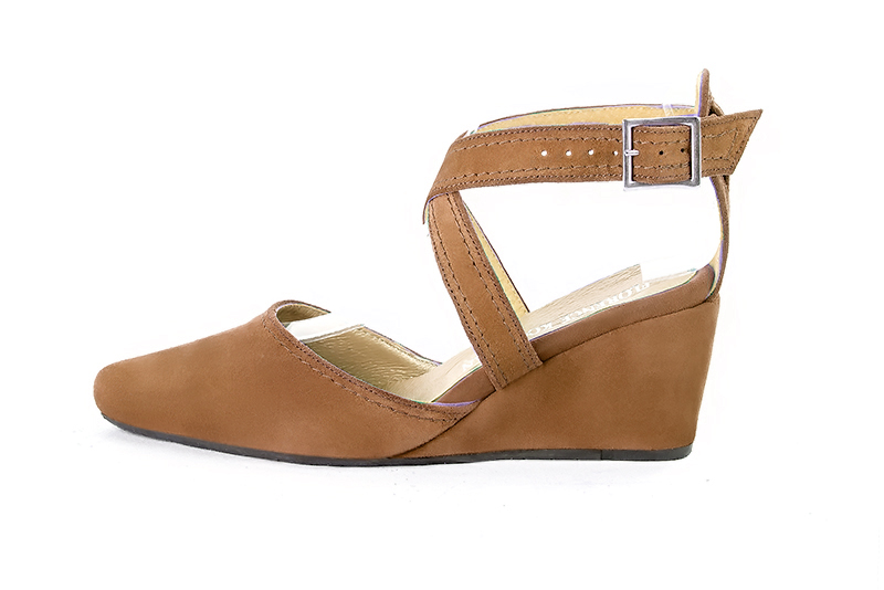 Camel beige women's open back shoes, with crossed straps. Round toe. Medium wedge heels. Profile view - Florence KOOIJMAN